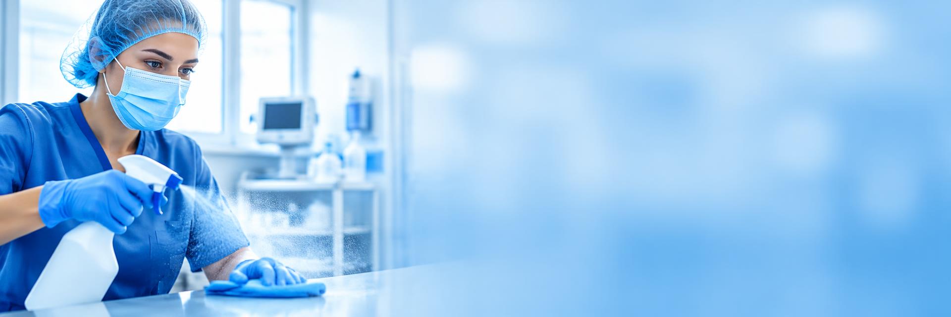 Cleaning professional in mask and gloves disinfecting a surface