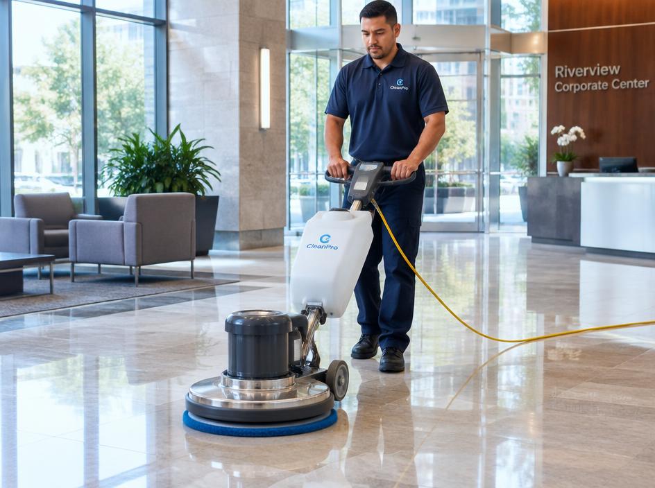 Technician buffing a lobby floor
