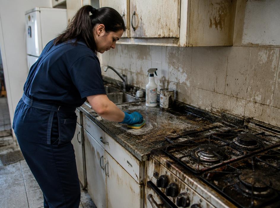 Cleaner scrubbing a heavily soiled stove